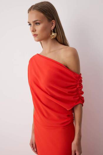 Trendyol Collection Red A-Line Boat Neck Woven Midi Stylish Dress Tprss25El00321