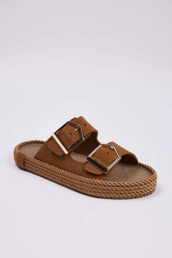 TRENDYOL SHOES Tan Double Striped Gold Antique Buckle Women's Thick Sole Slippers Takss25Sd00073