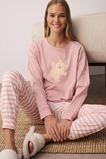 Trendyol Collection Ροζ 100% βαμβακερό αρκουδάκι πλεκτό σετ πιτζάμες THMAW21PT0302