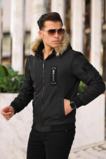 comstar Men's Fur Basic Winter Loose Black Hooded Coat