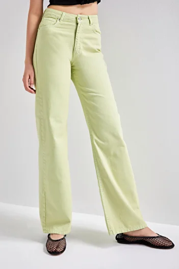 its basic Women's Pistachio Green Color 6S5-121 Straight Fit High Waist 100% Cotton Inner Length 80cm Denim Jean