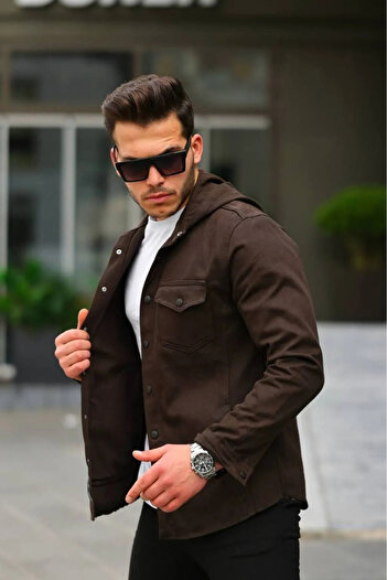 comstar Men's Hooded Snap Fastener Loose Basic Brown Denim Shirt