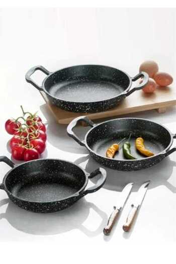 KIZILELMADA 3-Piece Black Design Casting Pan Set – Granite Coating, Fireproof Non-Stick