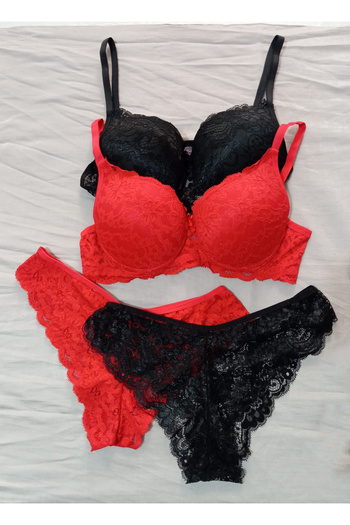 FNC design Lace Push-Up Bra Set 2 Pcs – Black & Red |   Women's Underwear