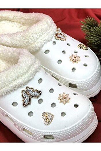 Akınal Bella Akinal Bella E428 Color White Women's Stone Style Winter Slippers with Wool Inside