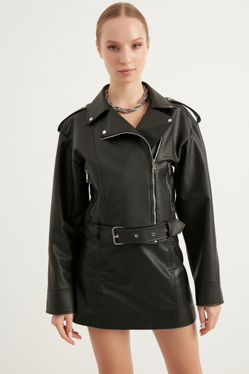 MEECY New Season Oversize Women's Black Biker Leather Jacket