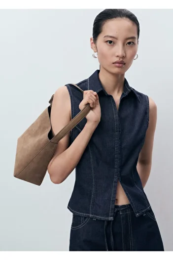 MANGO Woman Bluză din denim cu cusături contrastante