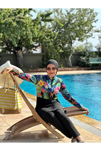 HOTEPS Women's Patterned Zippered, Black Skirt, Tunic, Tights, Bonnet 3 Piece Set Hijab Swimsuit Set 3421