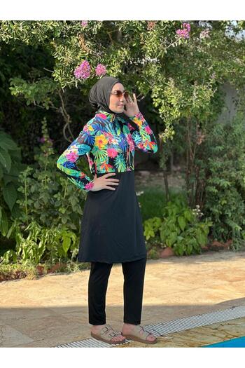 HOTEPS Women's Patterned Zippered, Black Skirt, Tunic, Tights, Bonnet 3 Piece Set Hijab Swimsuit Set 3421