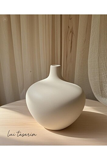 Lui Tasarım Cream Color Luna Vase Ceramic Handmade Trend Scandinavian 19*22*3 cm Bohemian Decoration