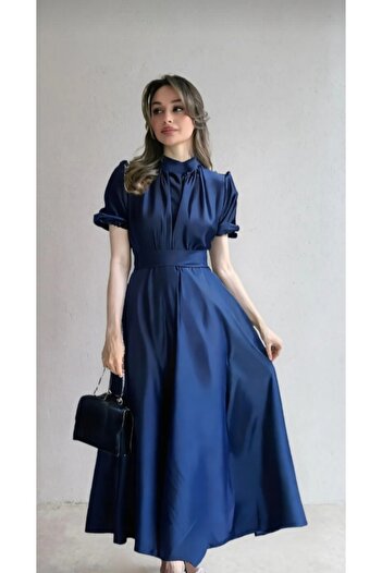 Sheeny Nil Navy Blue Flared Φούστα Κοντό μανίκι Midi μήκους Σατέν Βραδινό Φόρεμα Navy Blue
