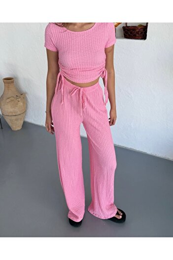 NATUFIAN STORE Women's Seersucker Fabric Side Adjustable Blouse Pants Set