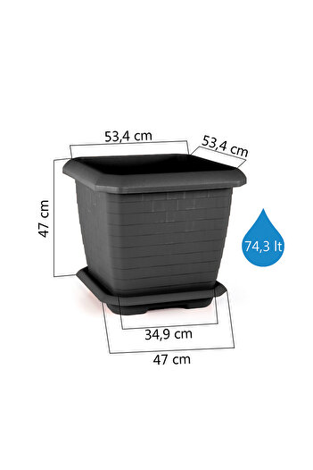ToXA 74.3 Litre 53x53x47cm Antrasit Kare Büyük Boy Tabaklı Plastik Hisar Kale Saksı No5 Mat
