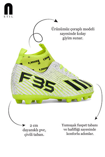 Nstil Erkek Çocuk Beyaz Sarı Halı Saha Krampon Çoraplı Çivili Futbol Spor Ayakkabısı F35kr