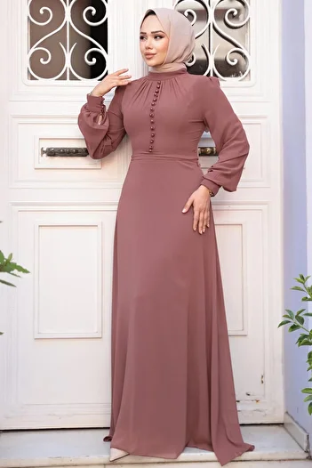 Neva Style - Button Detailed Chocolate Hijab Dress 2703ck