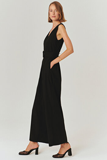 Exquise Black V-Neck Cotton Jumpsuit with Belt Detail