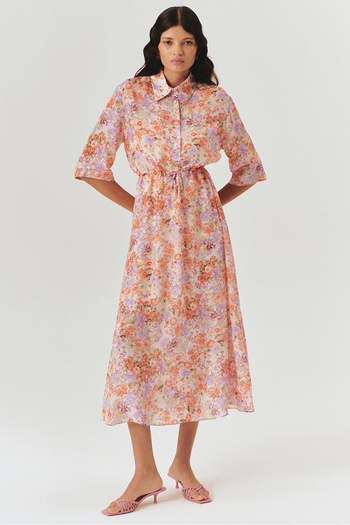 Exquise Floral Patterned Midi Shirt Dress with Lace Detail
