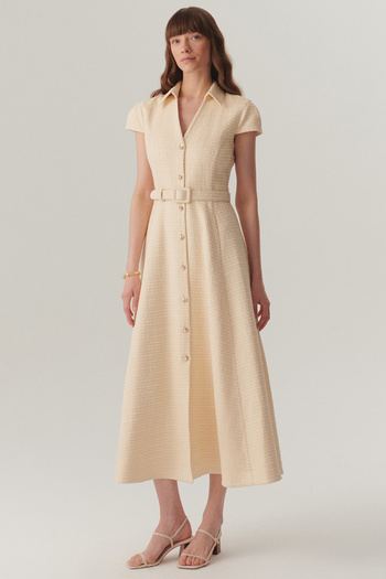 Exquise Shirt Collar Short Sleeve Front Buttoned Regular Fit Midi Length Ecru Dress