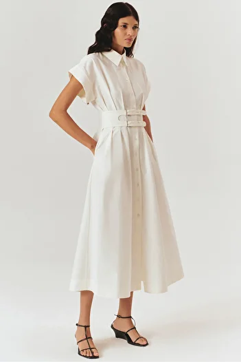 Exquise Low Sleeve Belt Detail Midi Length Cotton Shirt Dress