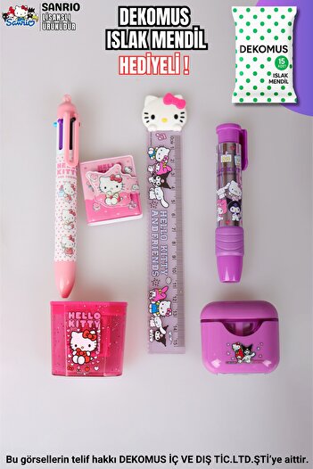 Hello Kitty "Dekomus Wet Wipes with Gift" Licensed Hello Kitty & and Friends 6 Piece Stationery Set Pods/Ear