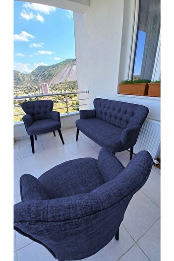 Azra Aksesuar Çay Seti Koltuk Takımı - Keten Kumaş-ahsap - Ofis Koltuğu-balkon Koltuğu - Mavi