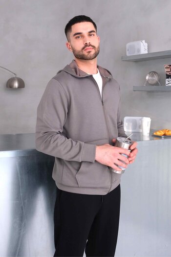 Behind Look Modal Mink Hooded Sweatshirt with Zippered Kangaroo Pocket