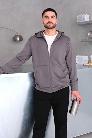 Behind Look Modal Gray Hooded Sweatshirt with Zippered Kangaroo Pocket