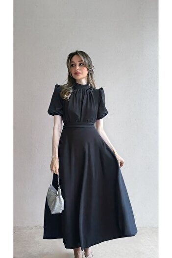 Sheeny Nil Siyah Kloş Etek Kısa Kol Midi Boy Saten Abiye Elbise Siyah