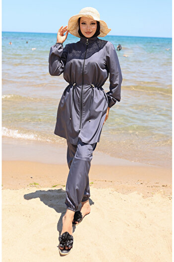 sefamerve Anthracite Zippered Hijab Swimsuit - 9002-03