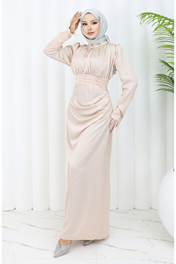 sefamerve Pleat Detailed Satin Evening Dress 6374-04 Cream