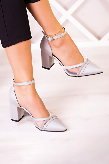 Erkan Saçmacı Molly Silver Satin Pointed Toe Stoned Mesh Thick Heeled Evening Dress Shoes