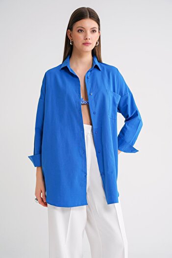 Mixray 4053 Kadın Tek Cepli Oversize Basic Gömlek Mavi
