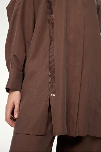 Zühre Striped Stone Detailed Brown Double Set Tk-1532