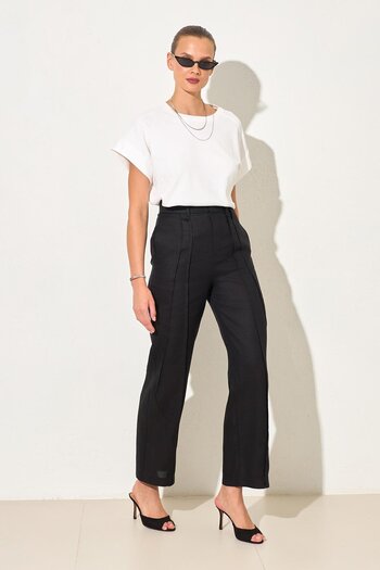 Setre Black 100% Linen Comfortable Cut Trousers with Pleat and Pocket Detail
