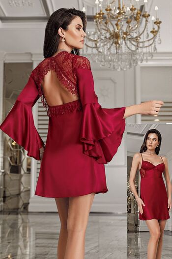 İmaj İmaj 3200 Women's Burgundy Nightdress with Morning Dress Double Dowry Satin Set