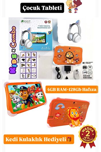 WASHA 7.0' HD Ekran KIDS TABLET 4 GB Ram+ 128 GB Hafıza Kulaklık Tablet Çocuk Tableti Set