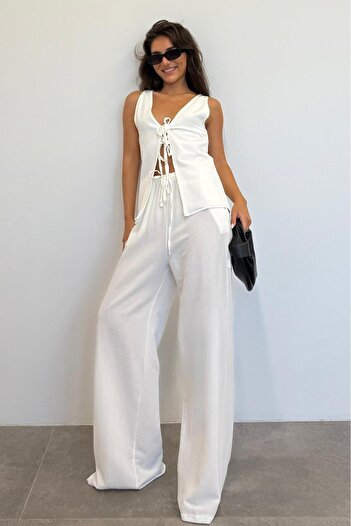Madmext Ecru Front Tie Vest Trousers Women's Suit Mg2403