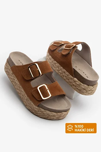 Marjin Women's Genuine Leather Slippers Straw Sole Double Banded Thick Daily