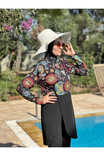 HOTEPS Women's Black Patterned Hijab Swimsuit Set Set of 3