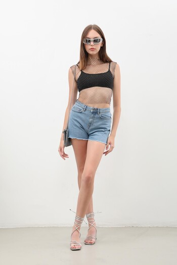 Bluewhite Women's High Waist Tasseled Light Blue Jean Shorts