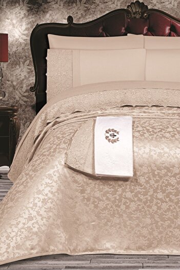 Sevim Tivoli 8 Piece Dowry Set - Chenille Pique Set with Towels - Bridal Set - Nirvana - Beige
