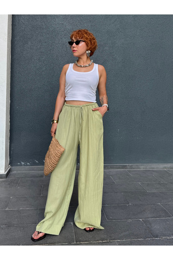 Bak'ap Premium Seersucker Linen Summer Loose Wide Leg Lace up Trousers