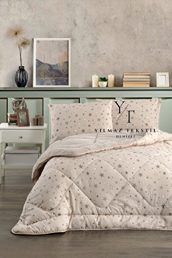 ChicMaison Single Double Sided Fluffy Quilt Set Beige Star