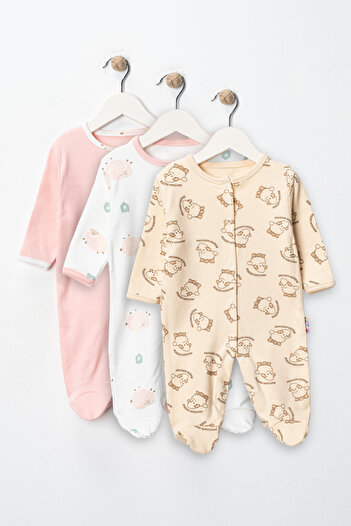 ENİA BABY Organic Baby Girl Patterned 3-Piece Jumpsuit Set Newborn Outfit 3-6-9 Months 3-Piece Cotton 3 Pieces