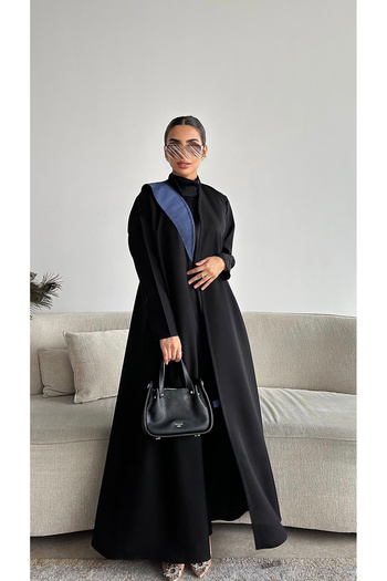 outline Luxurious black abaya with elegant navy blue details