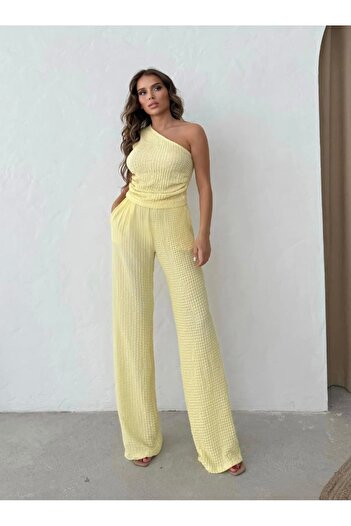 badibadii Seersucker Fabric One Shoulder Yellow Suit