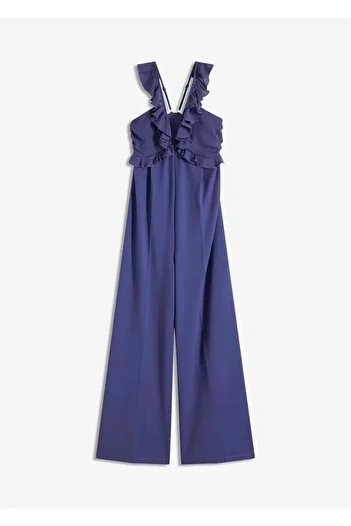 Şans Women's Plus Size Indigo, Chiffon Detailed, Deep Neck Stylish Jumpsuit 65N38960