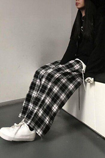 Köstebek New Black Plaid on White Comfortable Thin Cashmere Cotton Tracksuit