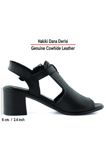 Erkan Saçmacı Elena Black Genuine Calf Leather Comfortable Daily Sandals with Open Front and Back Hole Detail and Thick Heels