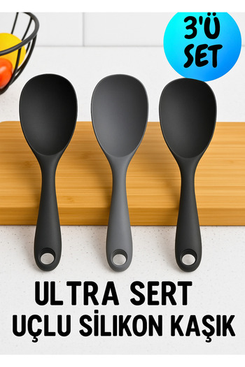 BRE HOME Set of 3 Black-Gray Silicone Spoons – 20 cm Ultra Hard Tip, Heat Resistant Rice Spoon